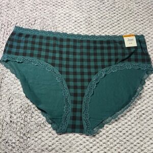 Jenni Intimates Womens 3X Buffalo Plaid Core Panty Brief Teal Black Lace Trim